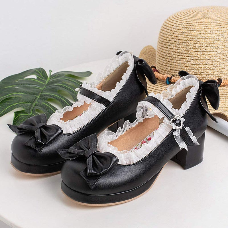 LUXMAX Women Kawaii Mid Block Heel Mary Jane Rockabilly Pumps with Bow Platform Chunky Heel Cute Sweet Shoes, Size 8 M US,Black - Image 4